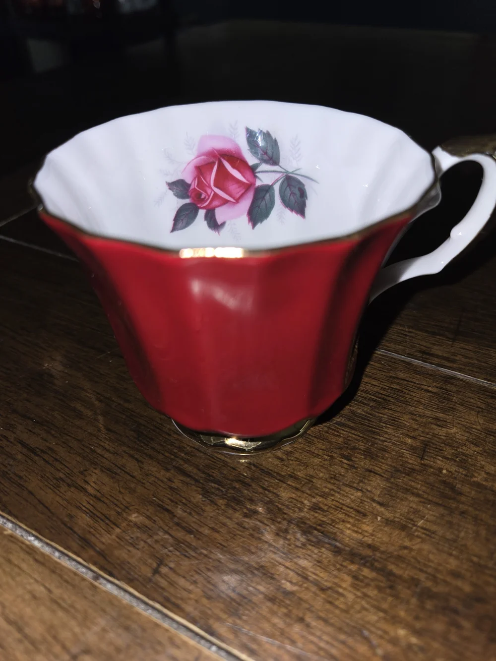 Fine Porcelain Tea Cup & Saucer in Red with Pink Rose